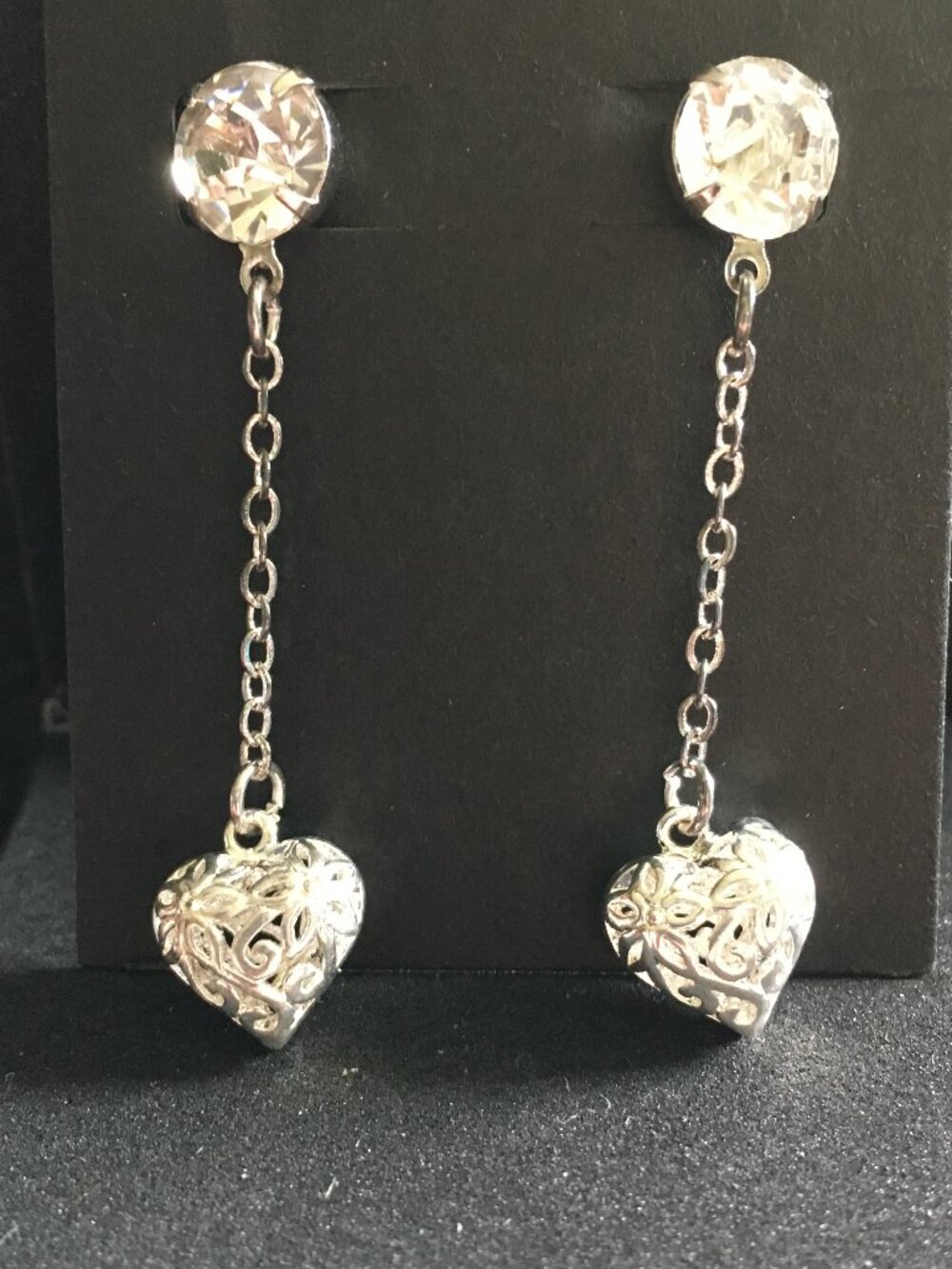 Silver Filigree Heart Dangle Earrings with Rhinestone Accents